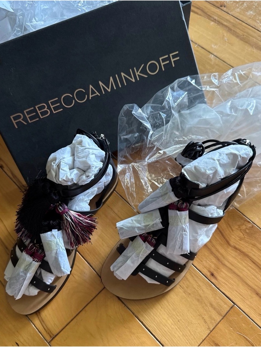 Rebecca Minkoff Black Strappy Tassel Gladiator Sandals